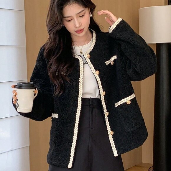 Black Preppy Womens Contrast Trim Drop Shoulder Teddy Jacket - Picture 3 of 6